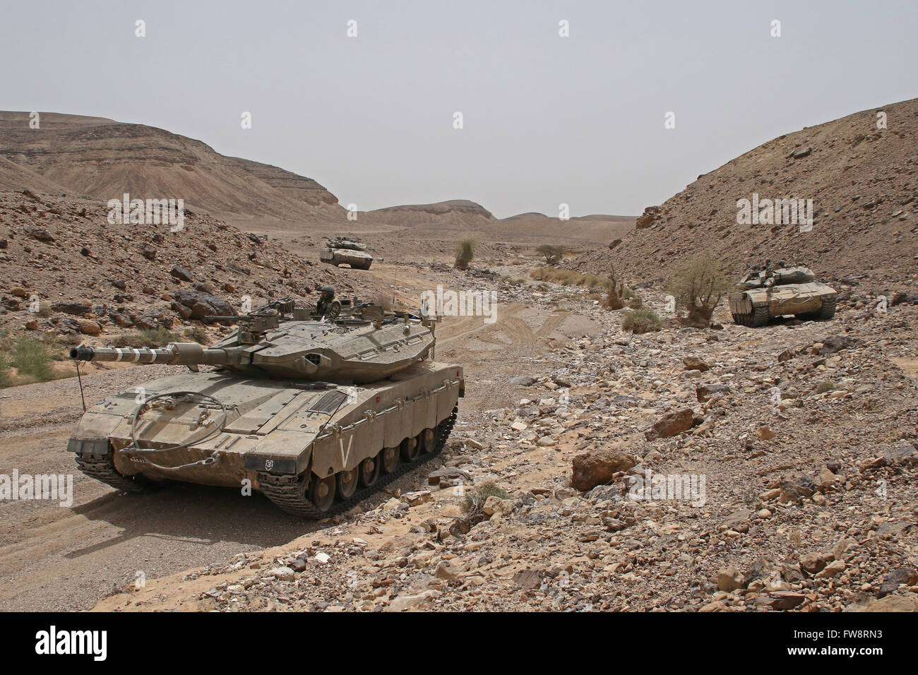 Merkava III main battle tanks in the Negev Desert, Israel. Stock Photo