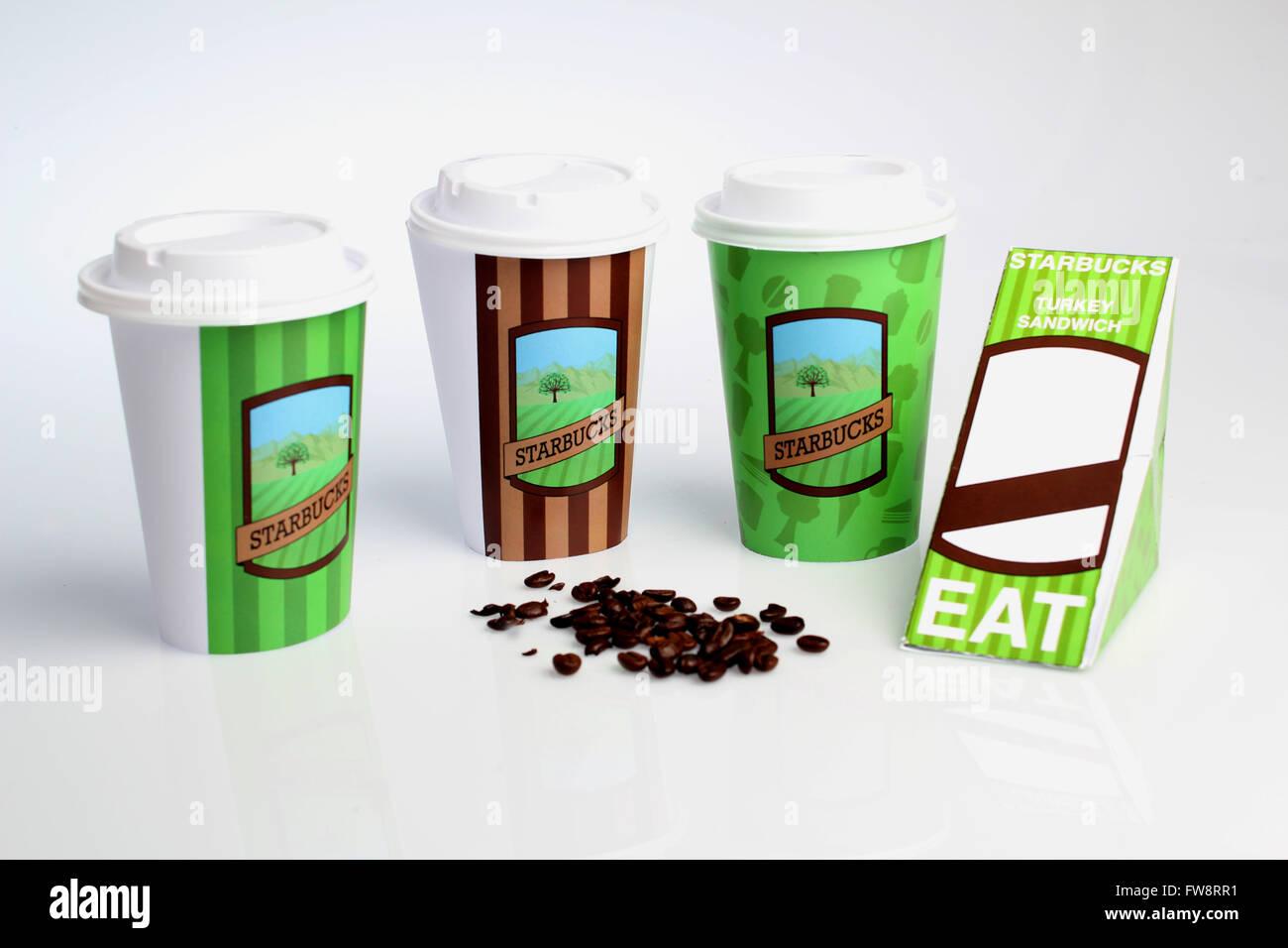 coffee cups with coffee seeds and sandwich Stock Photo