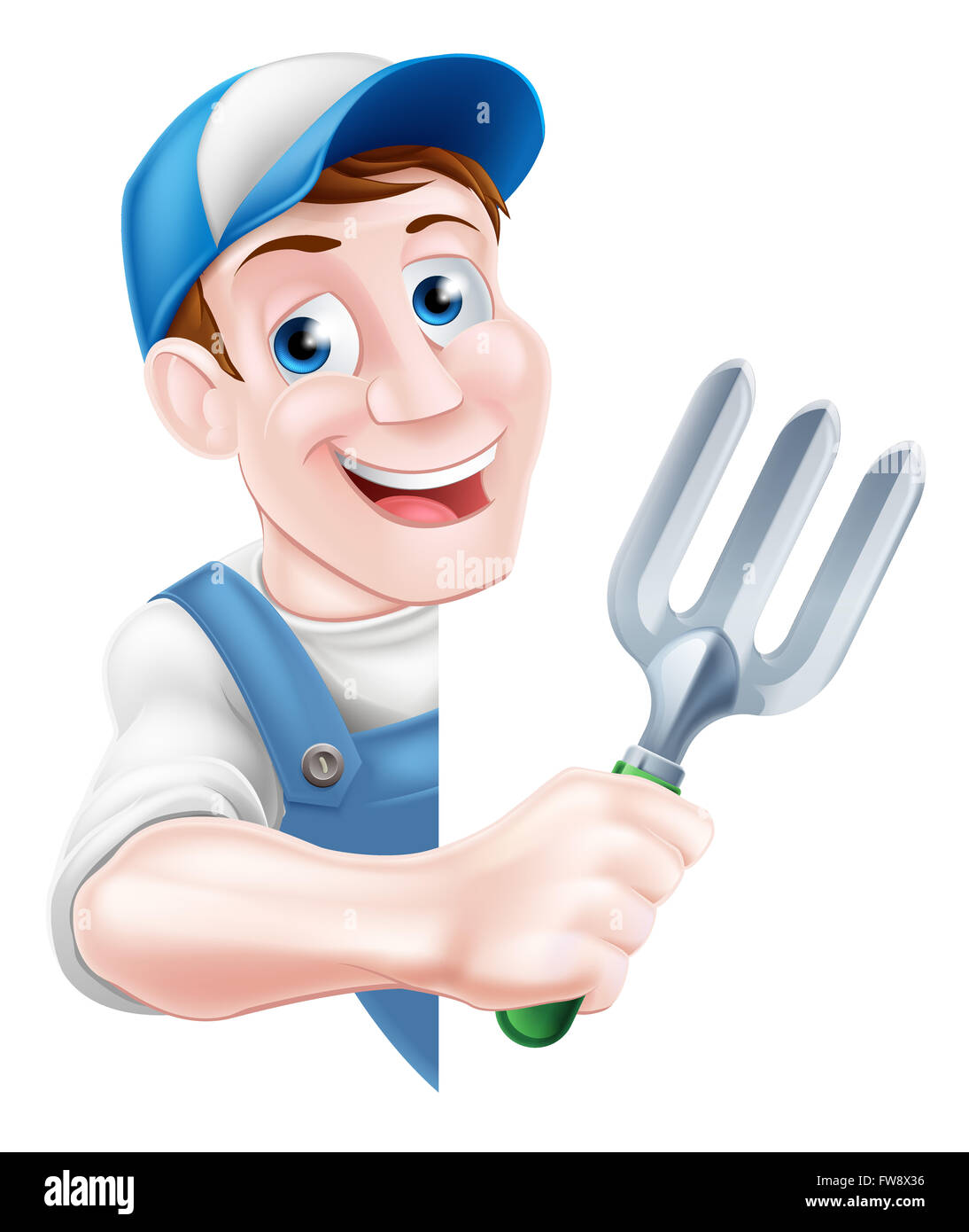 A cartoon gardener in a cap and blue dungarees holding a garden fork tool peeking around a sign Stock Photo
