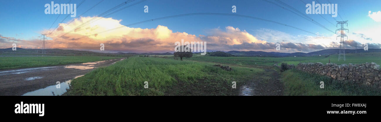 Panorama of meadow in countryside over cloudy sky with  storm clouds after the storm. Panoramic landscape Stock Photo