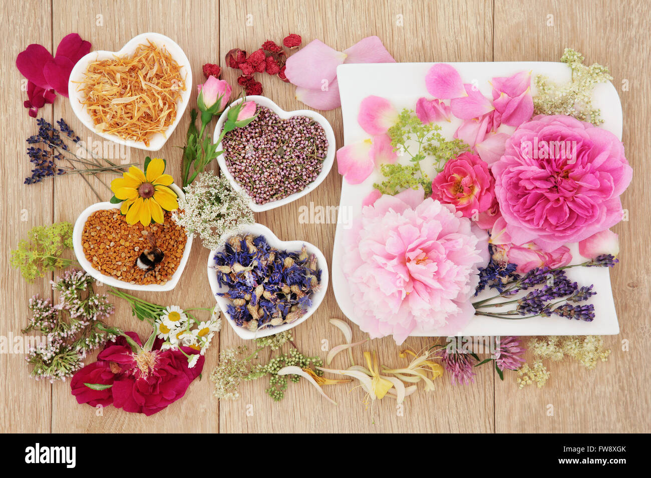 Herb and flower selection used in natural herbal medicine in heart and square shaped dishes with pollen grain and bee. Stock Photo