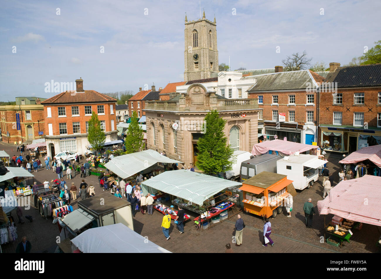 A view over the stalls and awnings in the market square at Fakenham