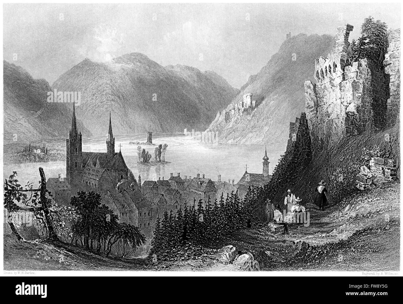 An engraving of Bingen on The Rhine scanned at high resolution from a