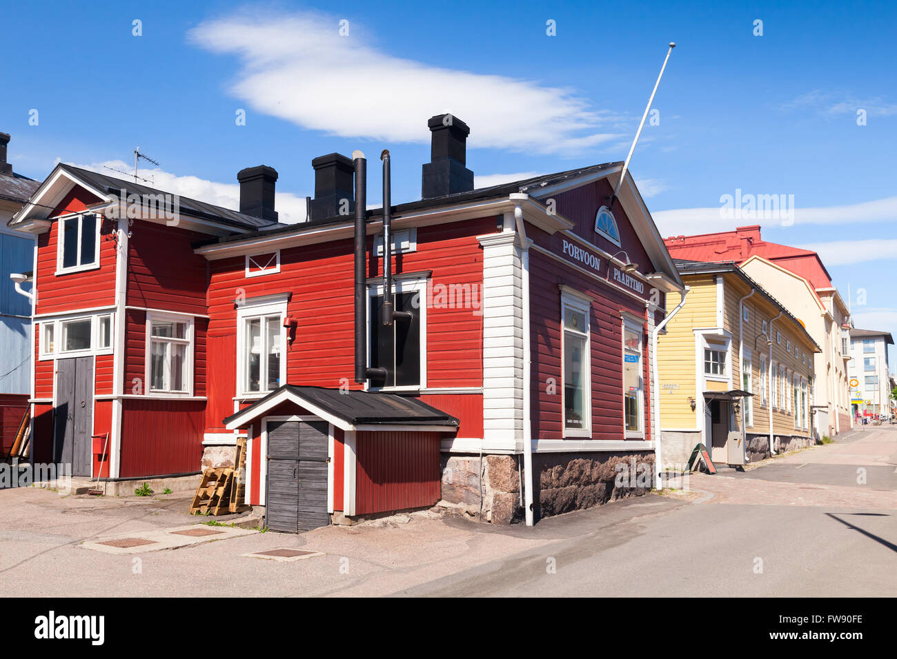 Porvoo, Finland - June 12, 2015: Street view with old red wooden house Porvoo Roastery in small historical Finnish town Stock Photo