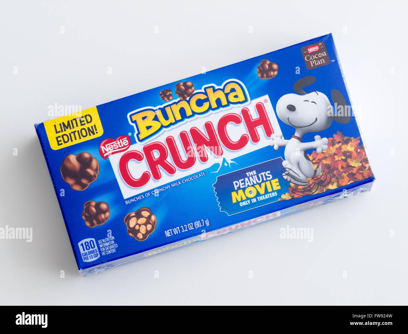A theatre box of Nestlé Buncha Crunch candy. Limited edition Peanuts Movie (Snoopy) box shown. Stock Photo