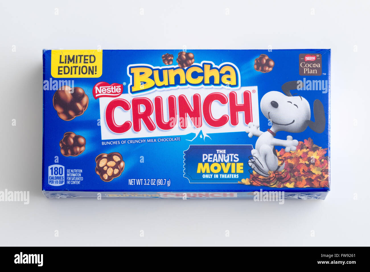 A theatre box of Nestlé Buncha Crunch candy. Limited edition Peanuts Movie (Snoopy) box shown. Stock Photo