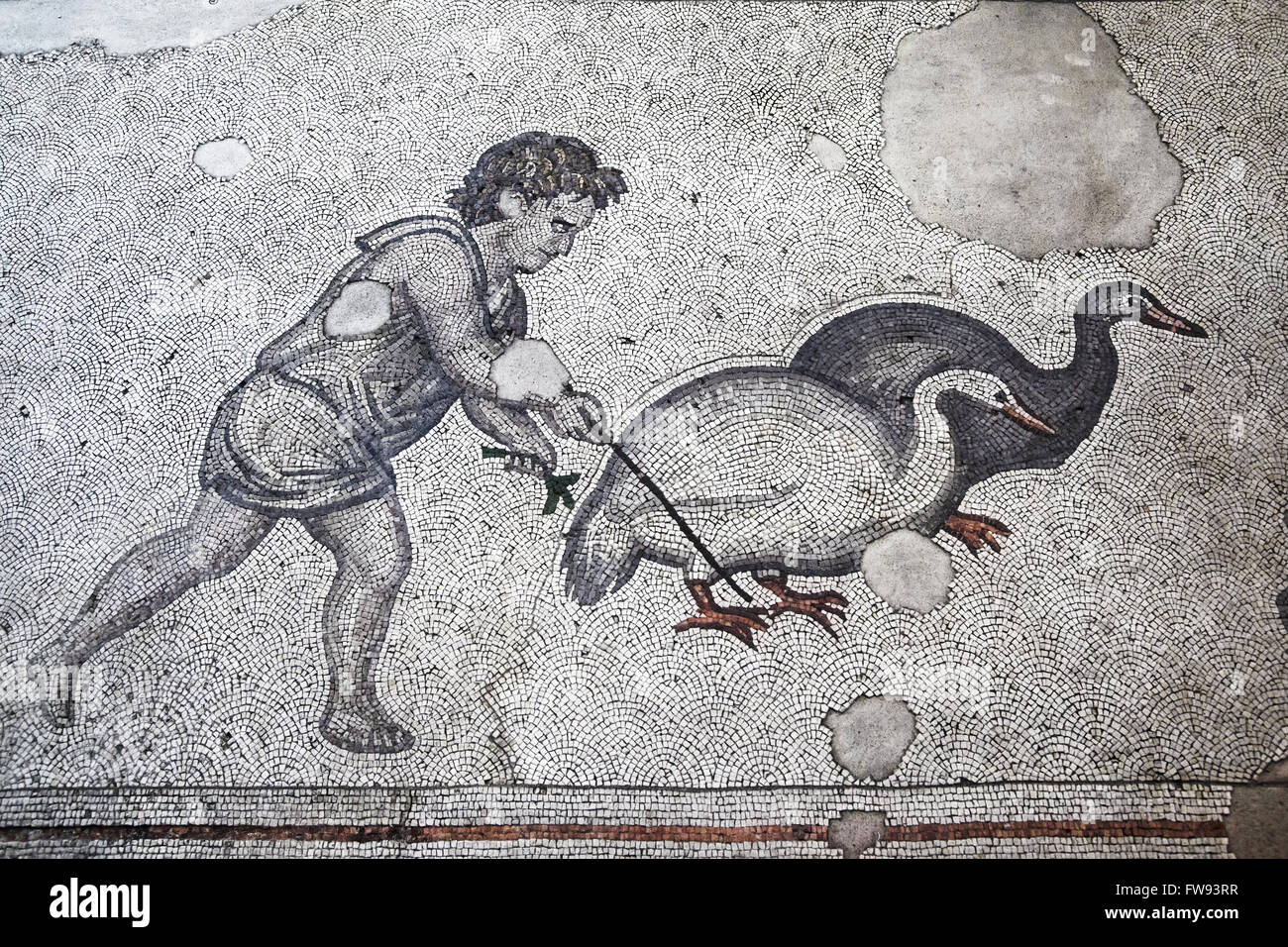 Ancient roman mosaic from the Great Palace of Constantinople depicting a boy herding geese. Stock Photo