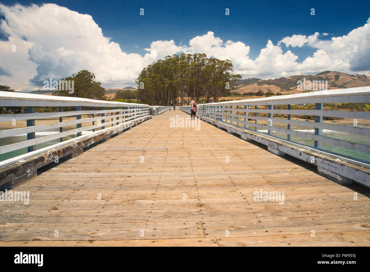 Looking toward shore from end of pier with side rails, under blue sky with white clouds. Stock Photo