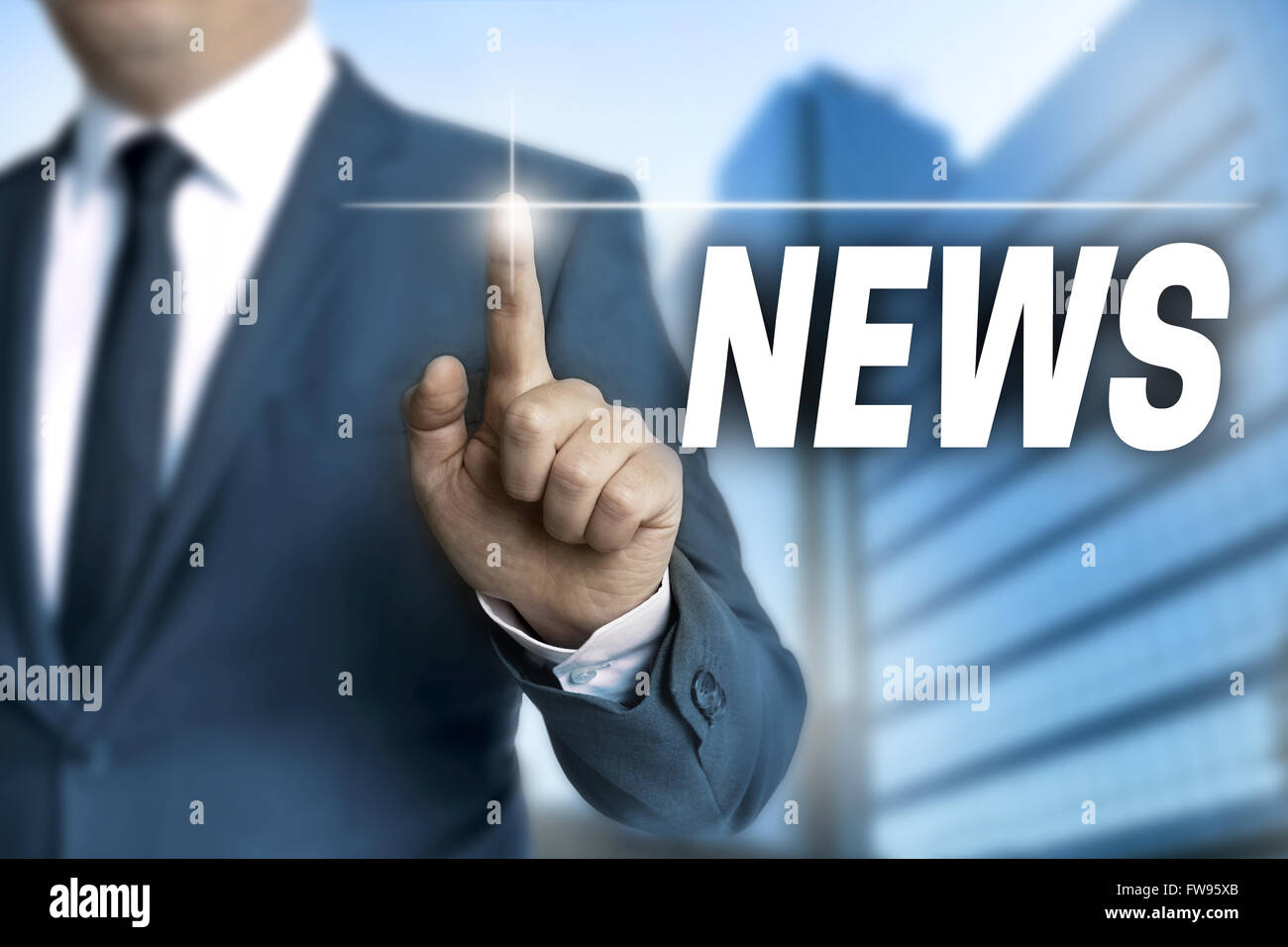 news touchscreen is operated by businessman. Stock Photo