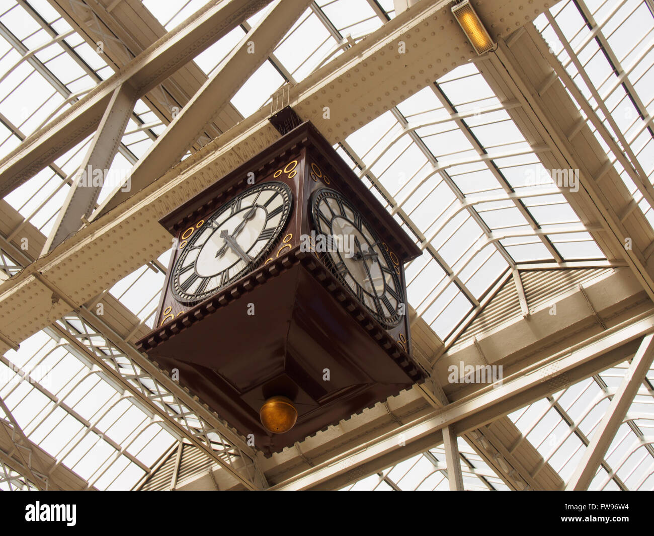 Overhead clock in Central Station, Glasgow, Scotland. Stock Photo