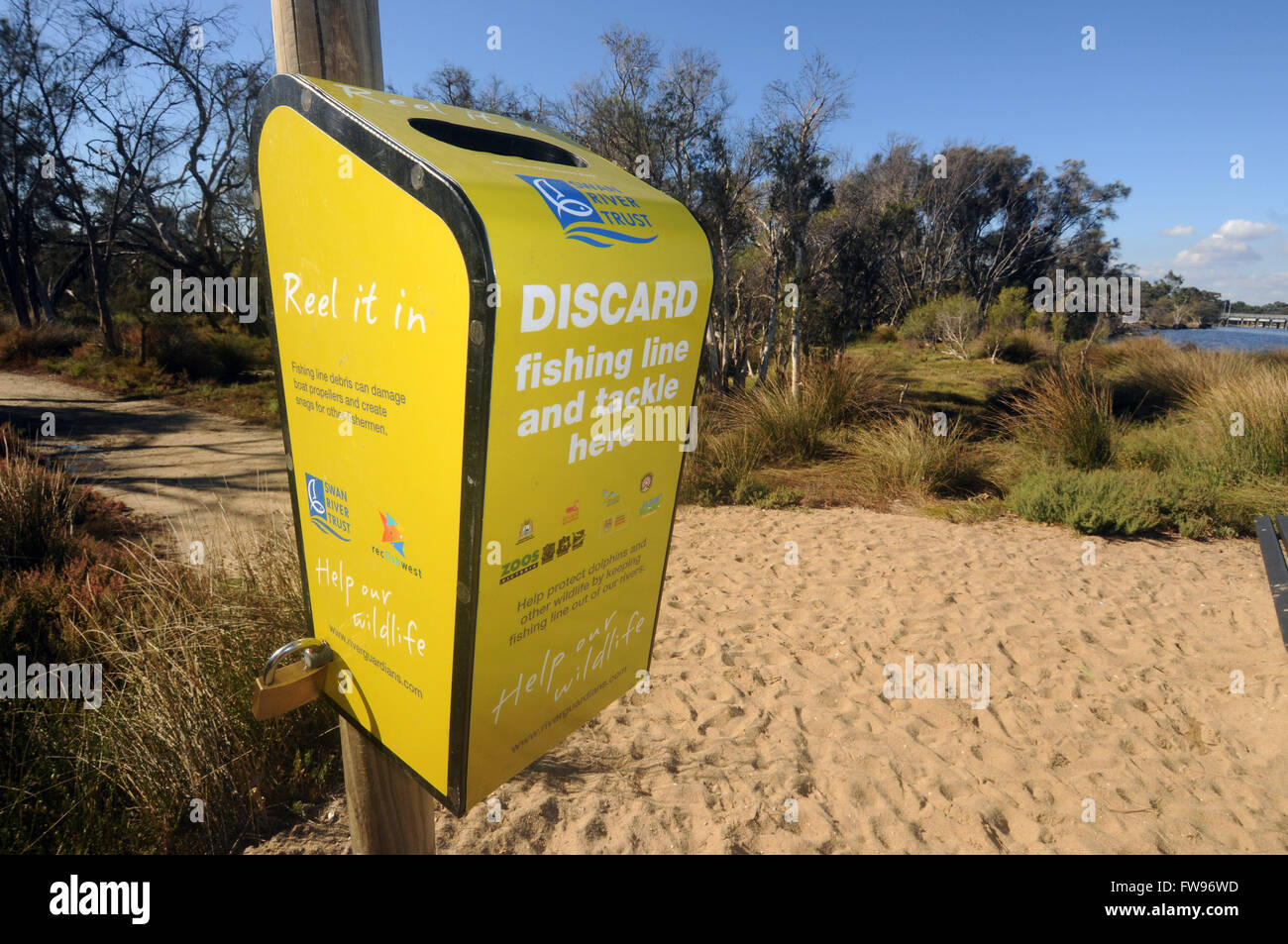 Special bin for fishing tackle and line on foreshore of Swan River