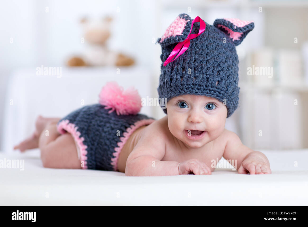 happy baby child in costume a rabbit bunny Stock Photo