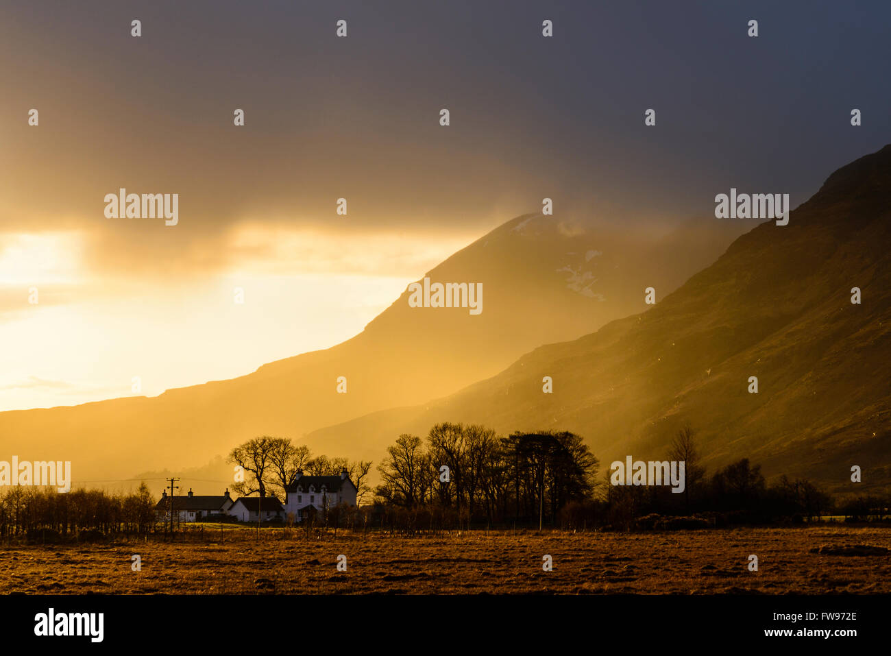 Evening, Torridon, Scotland; slopes of Beinn Alligin and Liathach behind Stock Photo