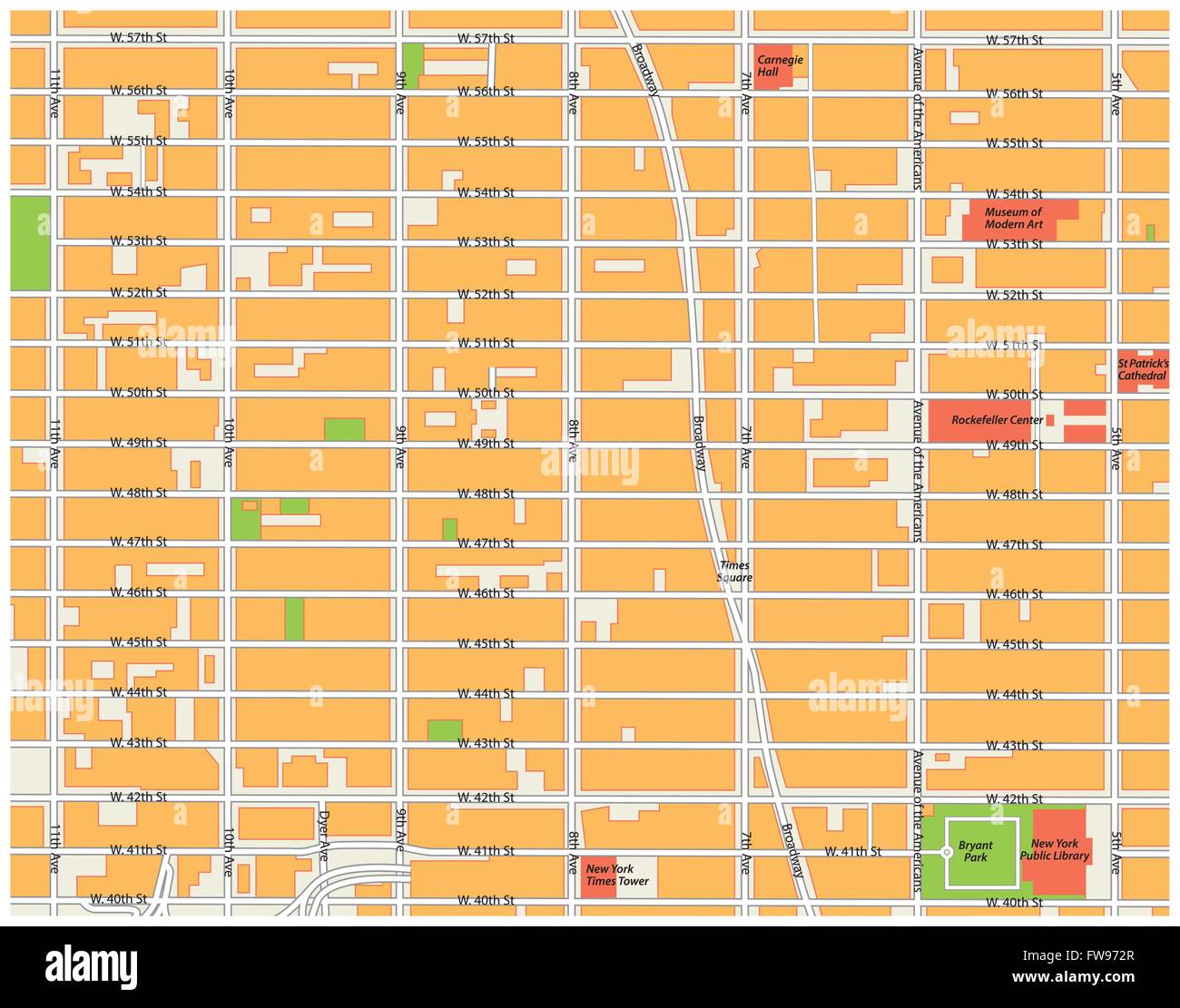 theater district map, midtown manhattan, new york city Stock Vector