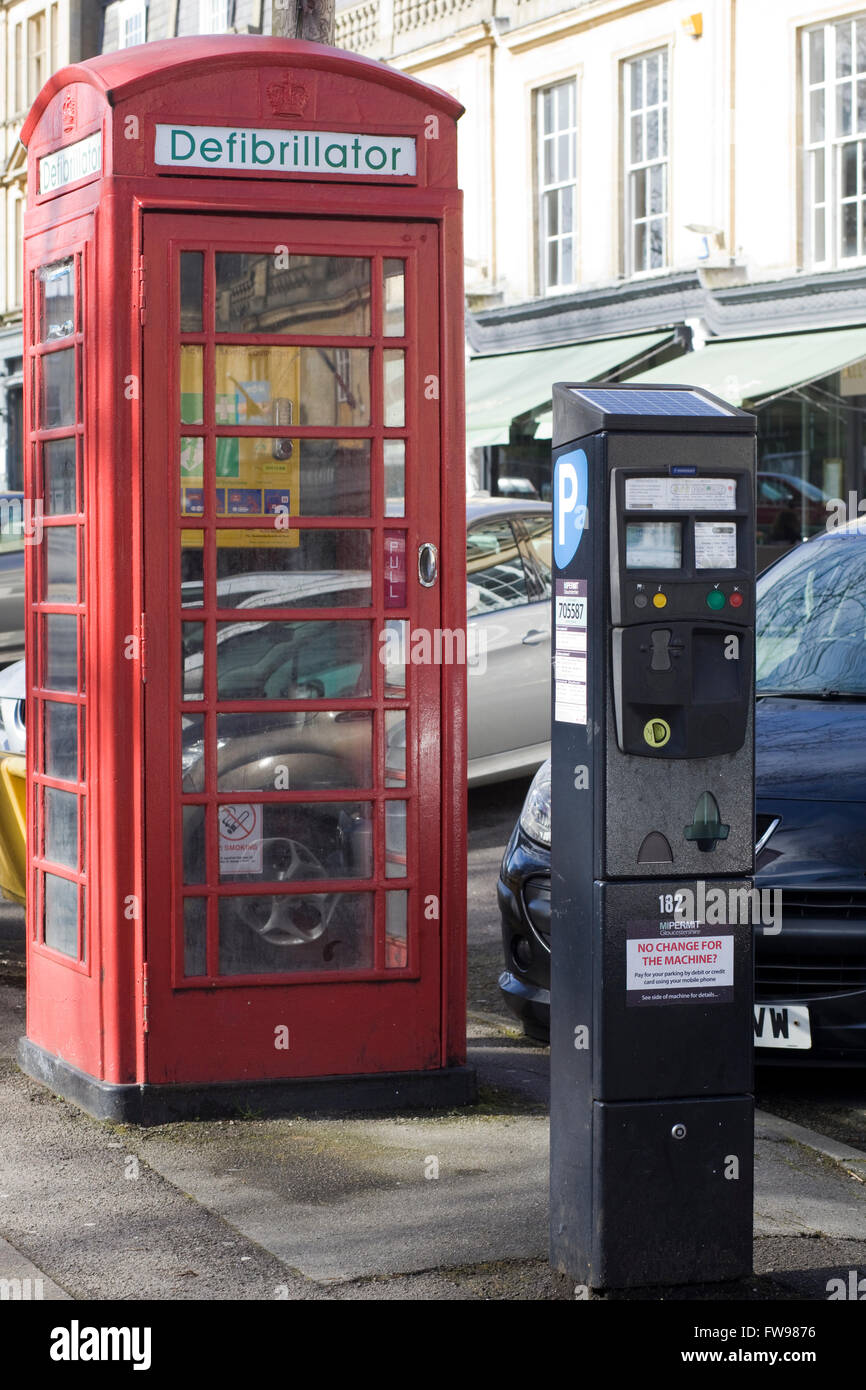 Adapted red phone boxes transformed into defibrillator equipment for saving Lives Stock Photo
