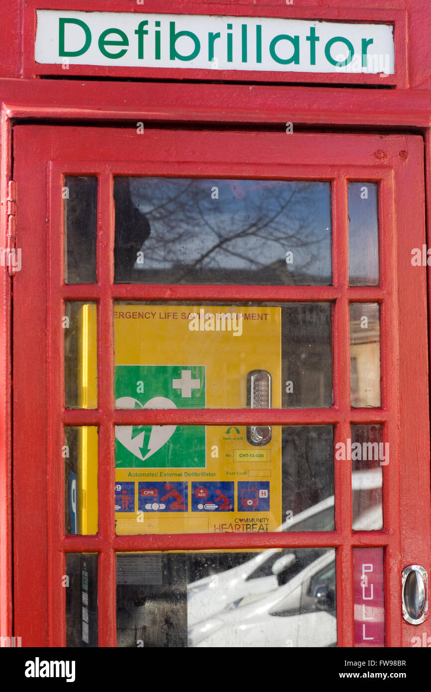 Adapted red phone boxes transformed into defibrillator equipment for saving Lives Stock Photo