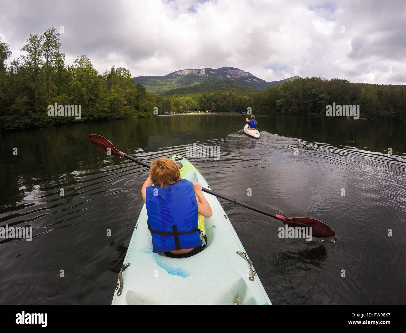 Kayaks on Pinnacle Lake at Table Rock State Park in South Carolina