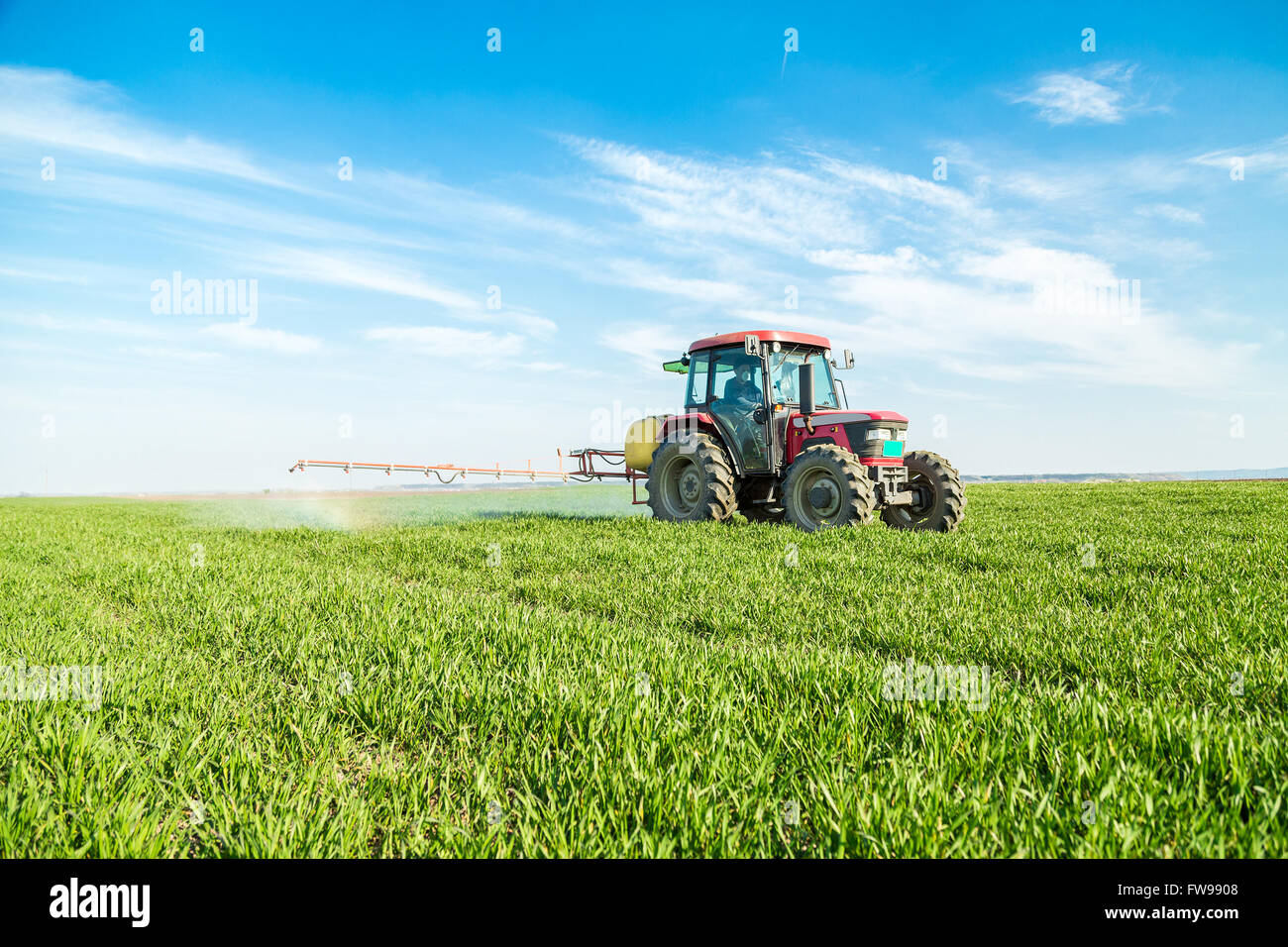 Farmer spraying green wheat field Stock Photo Alamy