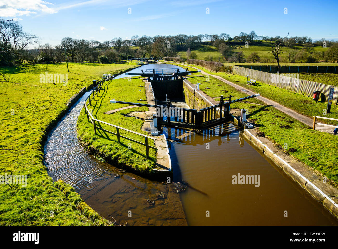 Locks on the Leeds–Liverpool Canal at Johnson’s Hillock near Whittle-le-Woods Lancashire Stock Photo