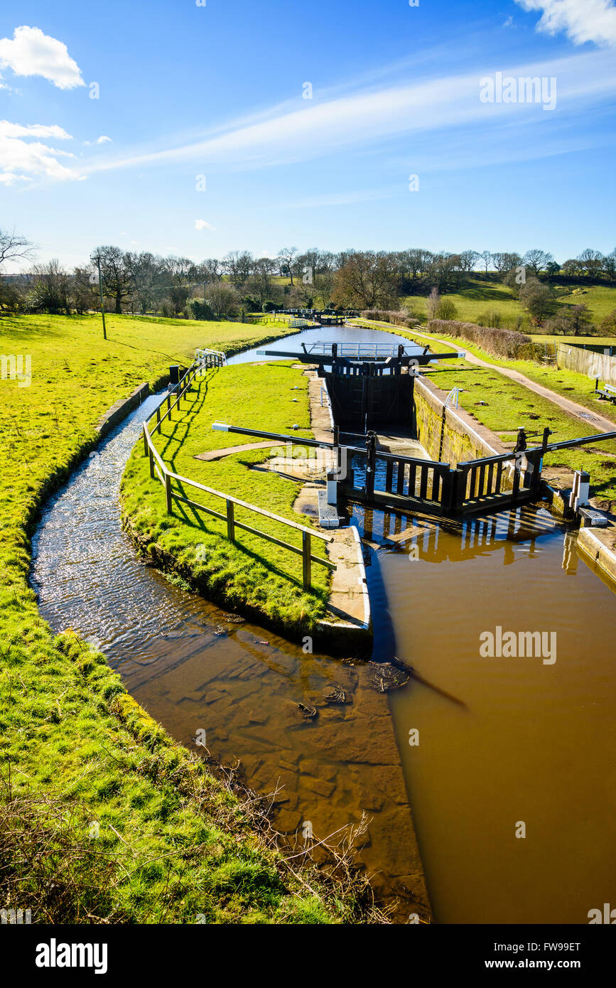 Locks on the Leeds–Liverpool Canal at Johnson’s Hillock near Whittle-le-Woods Lancashire Stock Photo