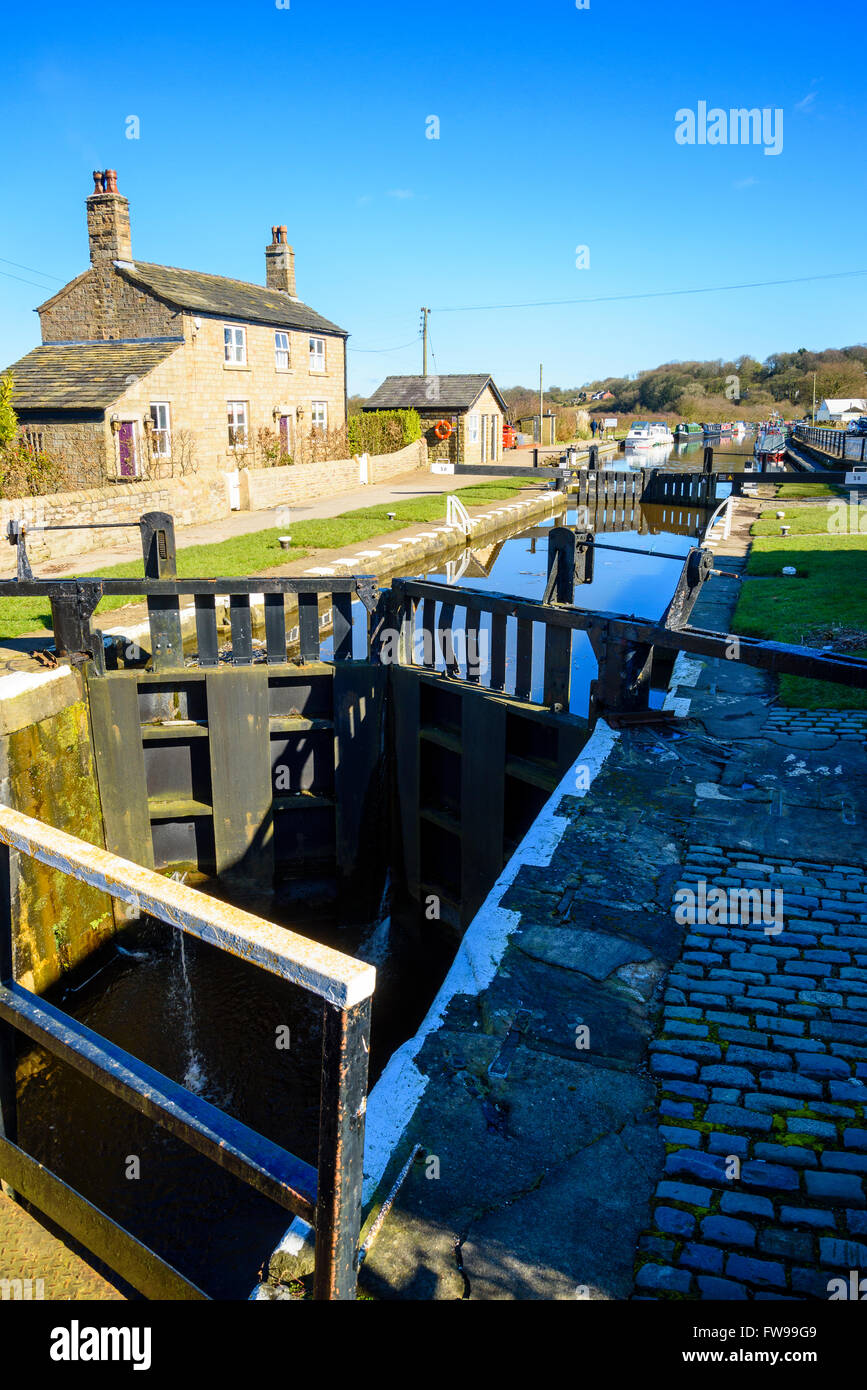 Top Lock on the Leeds–Liverpool Canal at Copthurst near Whittle-le-Woods Lancashire Stock Photo