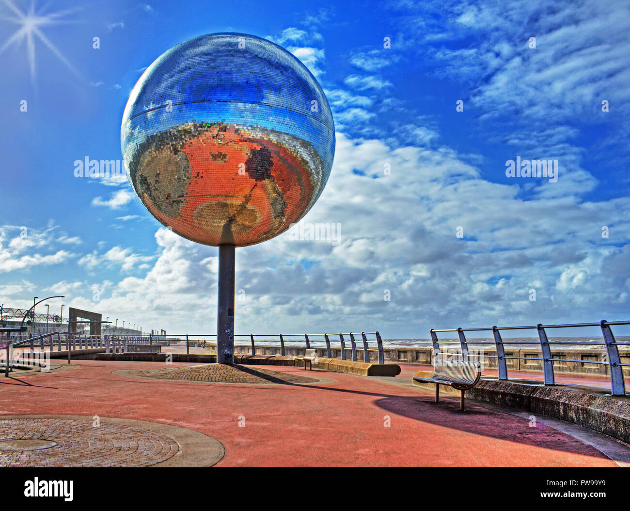 Reflections of Blackpool. The glitter ball on Blackpool's South Shore Stock Photo