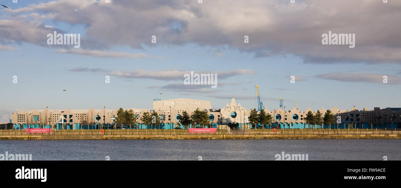 BBC Wales buildings from a distance in, Roath Lock, Cardiff Bay, Cardiff, Wales, UK Stock Photo