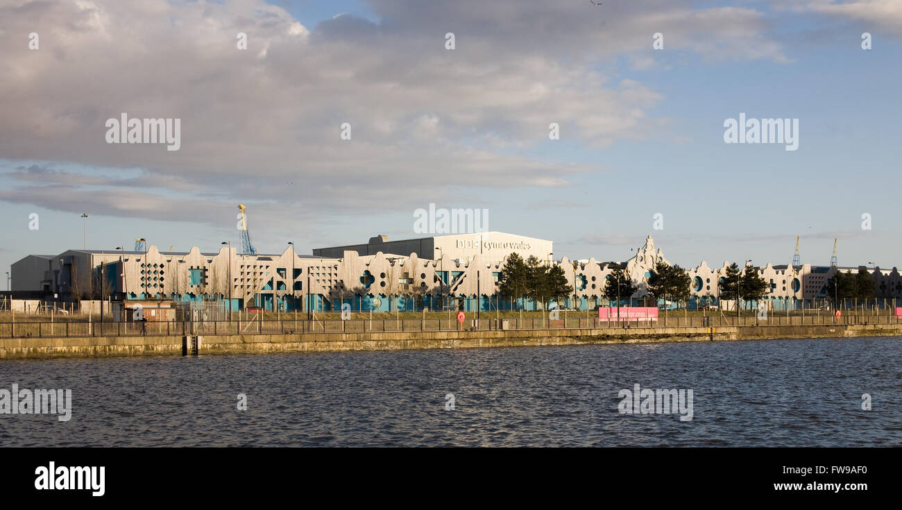 BBC Wales buildings from a distance in, Roath Lock, Cardiff Bay, Cardiff, Wales, UK Stock Photo