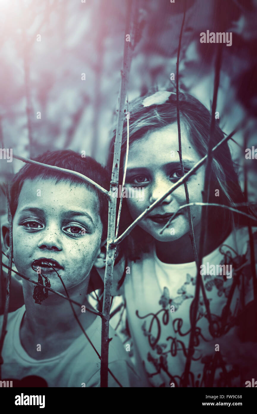 two kids exploring nature Stock Photo