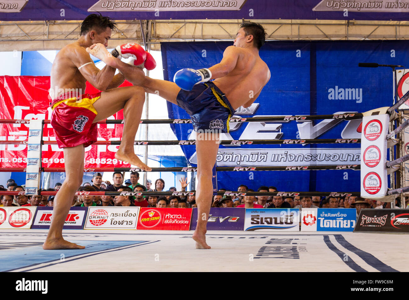 Muay Thai, Thai boxing, two men fighting in the boxing ring, Thailand