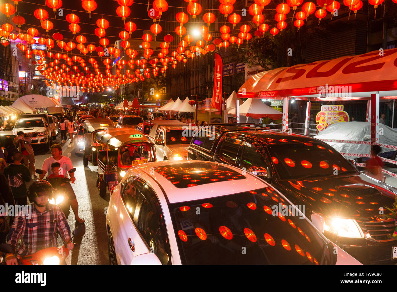 Red chinese lanterns reflecting on cars, Chinese New Year, traffic in Yaowarat Road, Spring festival, Chinatown Stock Photo