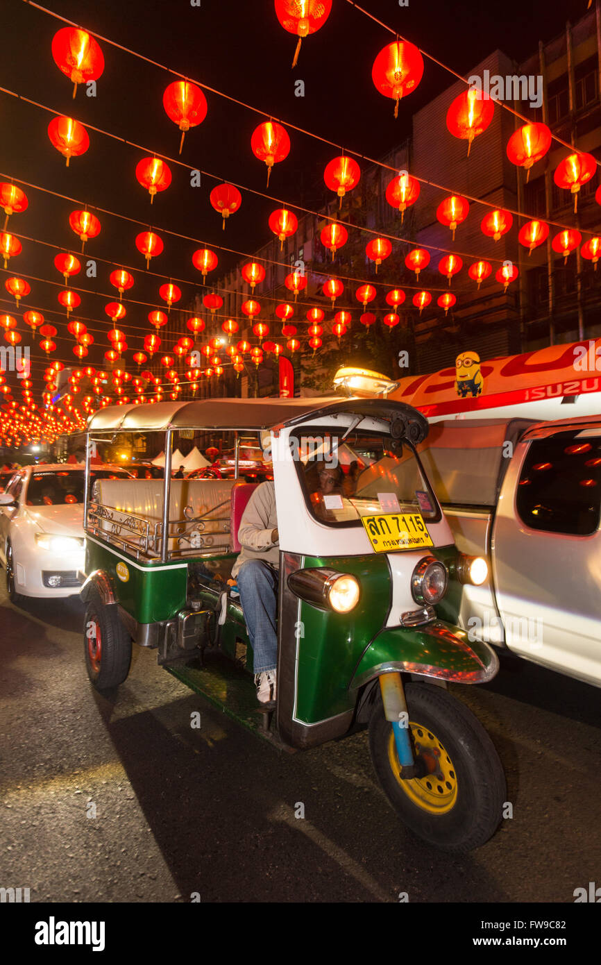 Red chinese lanterns in Yaowarat road, tuk tuk, Chinese New Year, Spring festival, Chinatown, District Samphanthawong, Bangkok Stock Photo