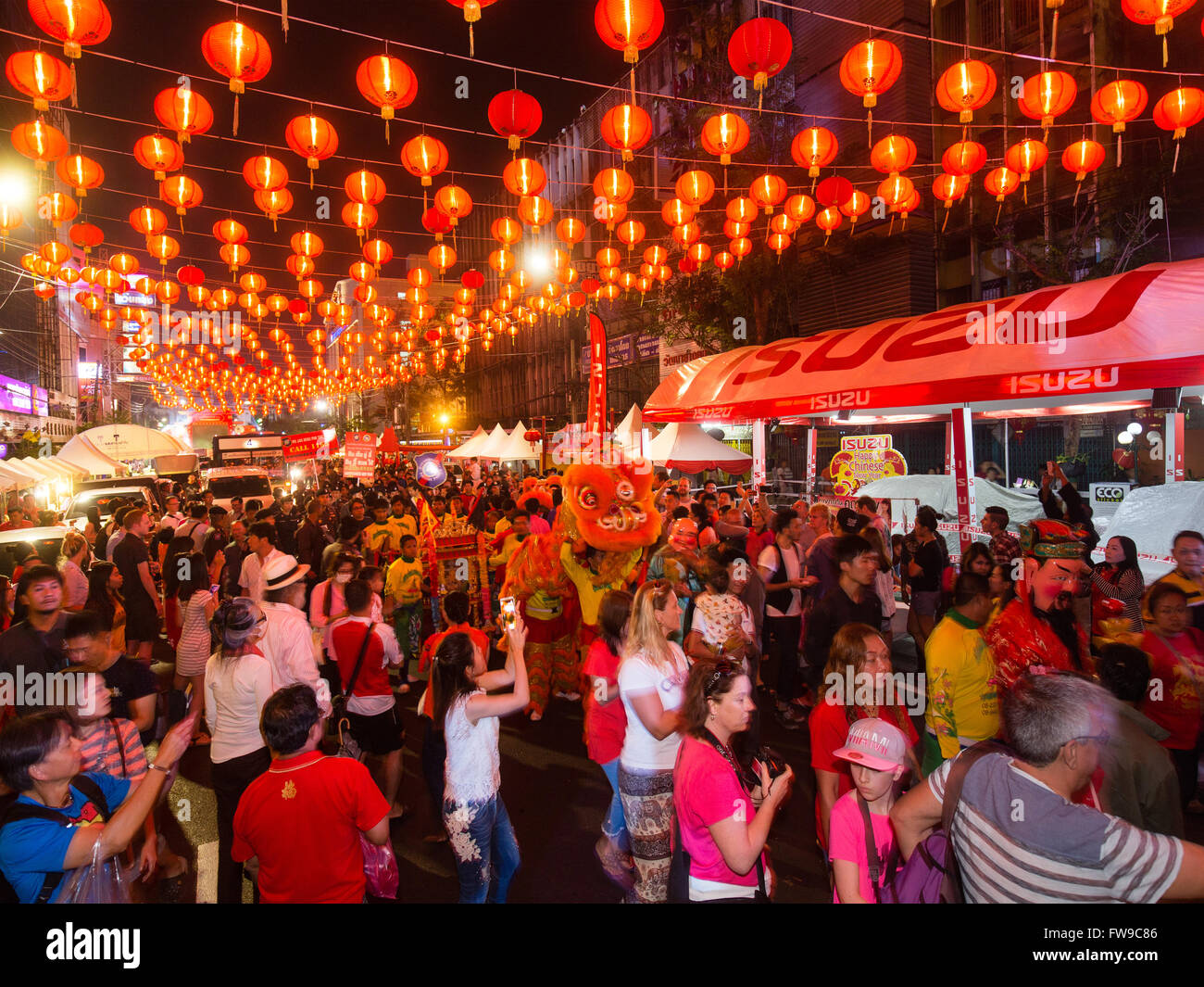 Red chinese lanterns in Yaowarat Road, dragon dance, visitors to the Chinese New Year, Spring festival, Chinatown Stock Photo