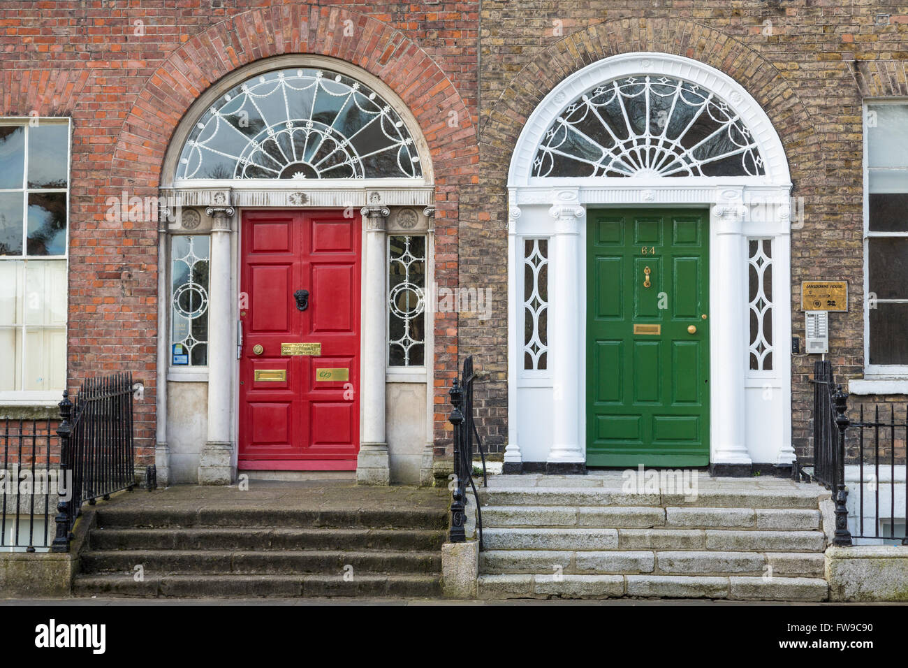 Georgian red and green doors with landings, Merrion Square, Dublin, Ireland Stock Photo