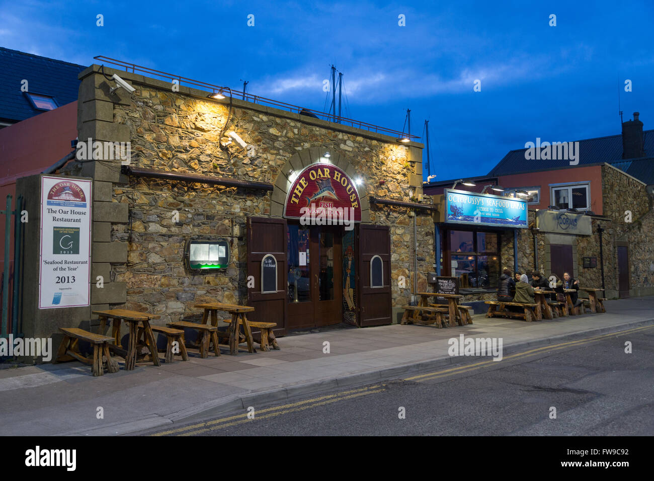 Historical fish restaurant at the blue hour, Howth in Dublin, Ireland Stock Photo