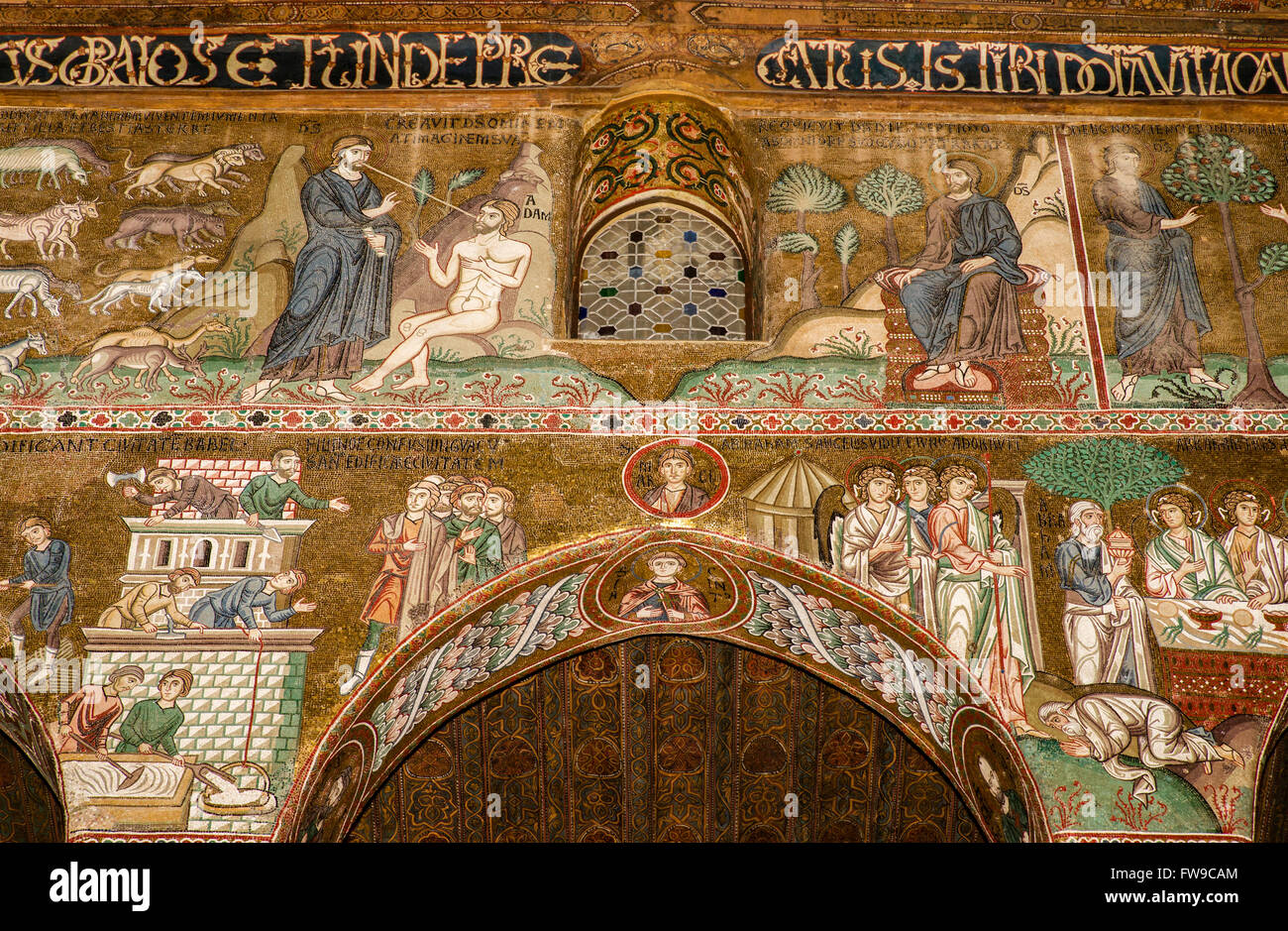 Byzantine Mosaic of the Old Testament, God creates Adam, Tower of Babel