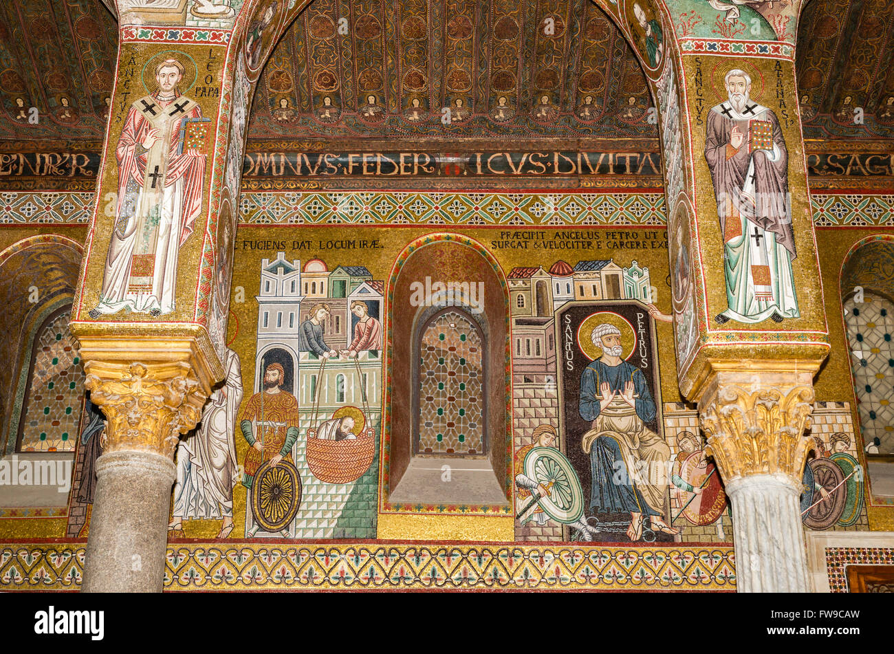Byzantine mosaic, right aisle, Cappella Palatina, Palatine Chapel of the Palace of the Normans or Royal Palace of Palermo Stock Photo