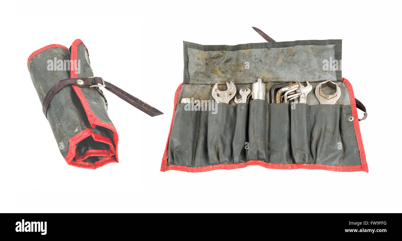 Two Views of an Old tool roll carried on an antique Airhead R75 motorcycle for many miles. Stock Photo