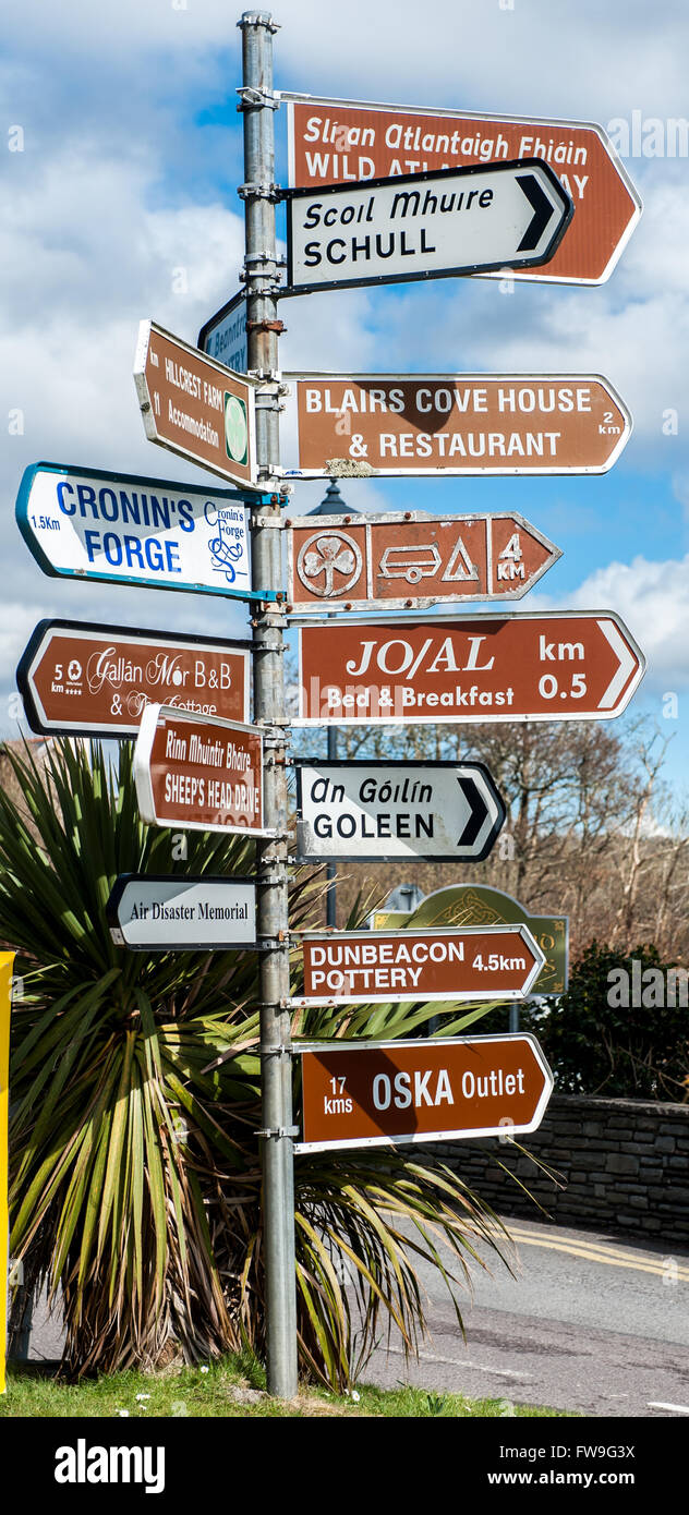 A tourist signpost in Durrus, West Cork, Ireland. Stock Photo