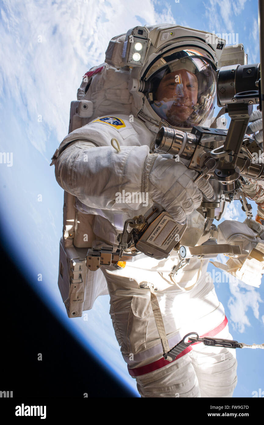 European Space Agency astronaut Tim Peake during a spacewalk outside the International Space Station January 15, 2016 in Earth Orbit. Stock Photo