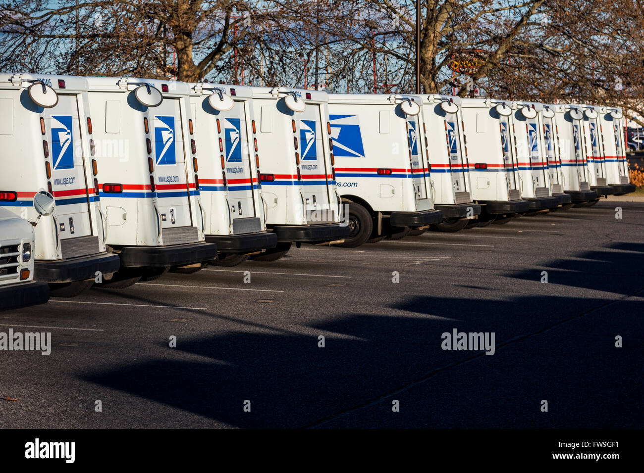 row of parked United States Postal Service vans Stock Photo