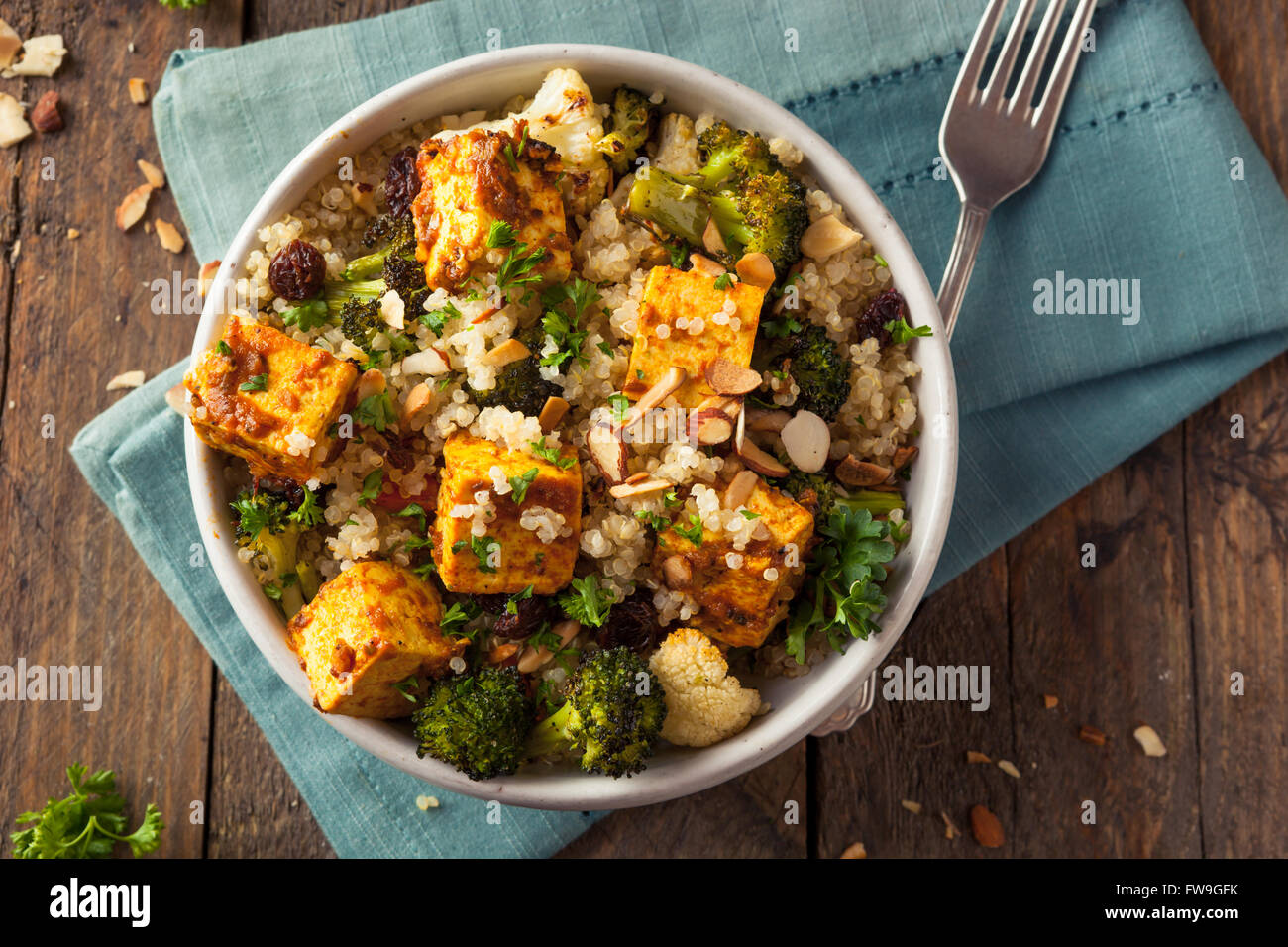 Homemade Quinoa Tofu Bowl with Roasted Veggies and Herbs Stock Photo