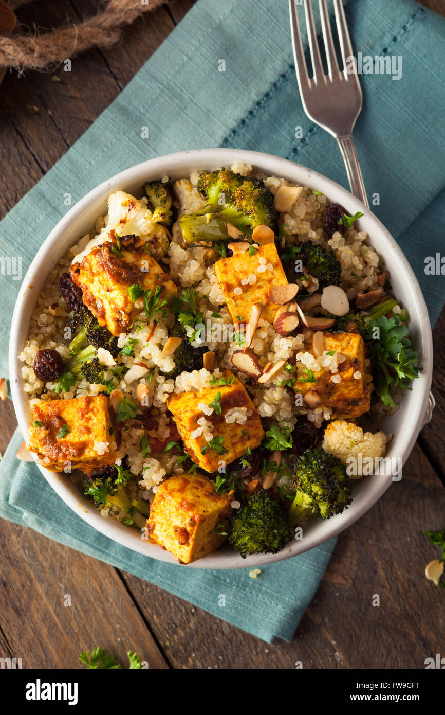 Homemade Quinoa Tofu Bowl with Roasted Veggies and Herbs Stock Photo