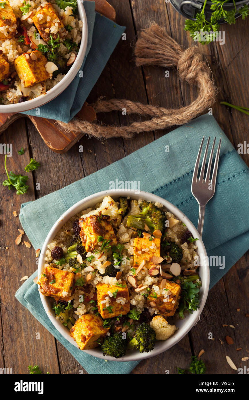 Homemade Quinoa Tofu Bowl with Roasted Veggies and Herbs Stock Photo