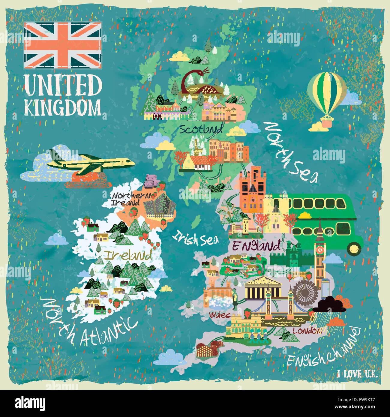 attractive United Kingdom travel map with famous attractions Stock Vector