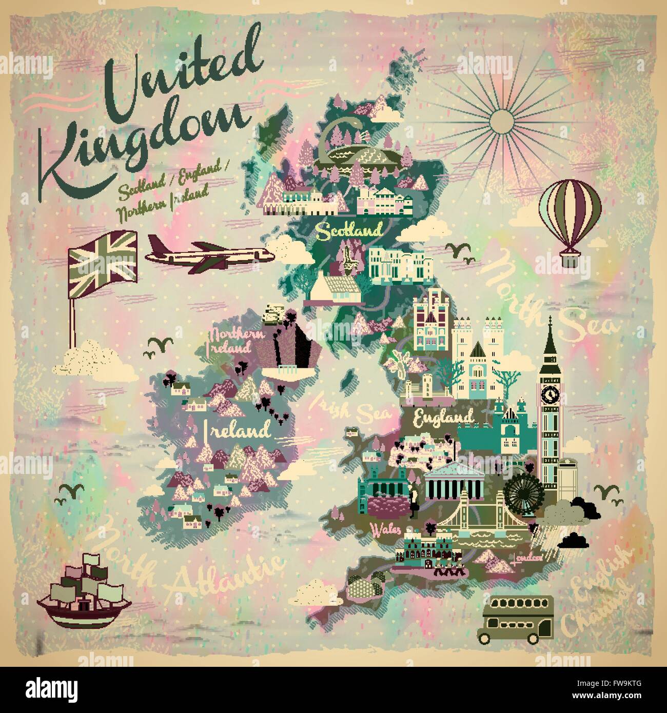 retro United Kingdom travel map with famous attractions Stock Vector