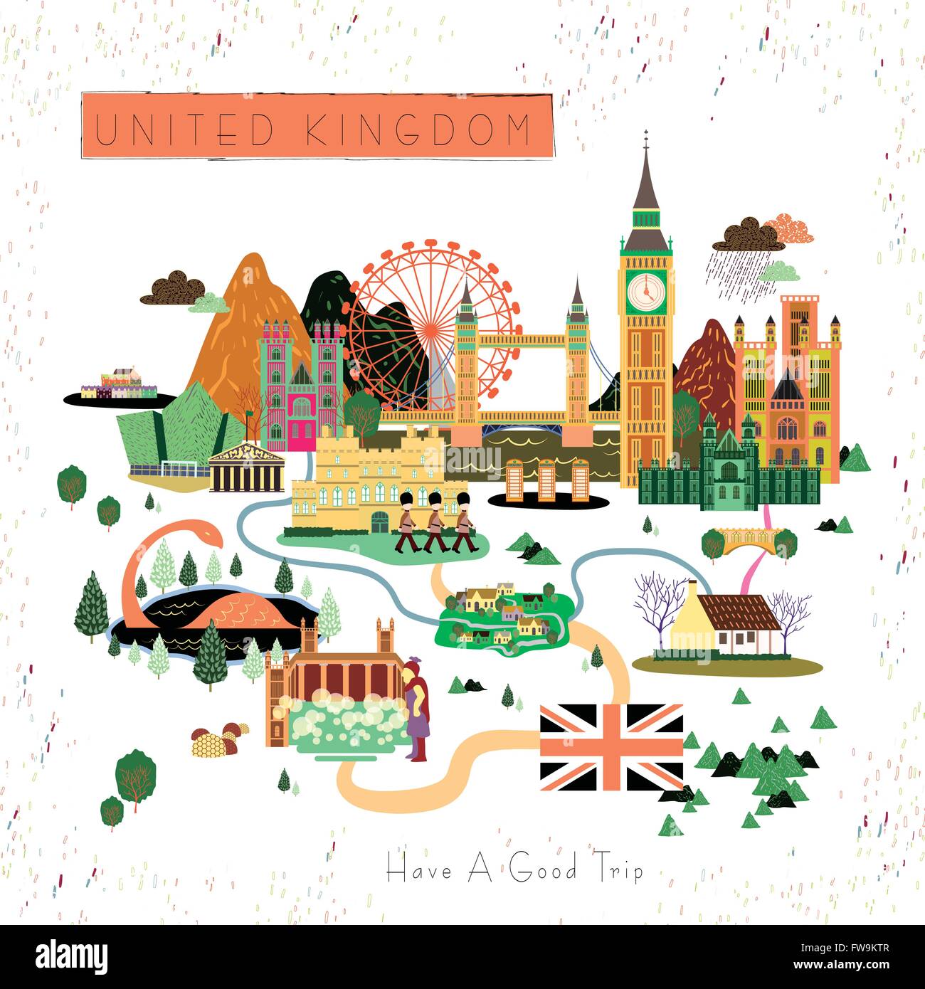 lovely United Kingdom travel poster design with attractions Stock Vector