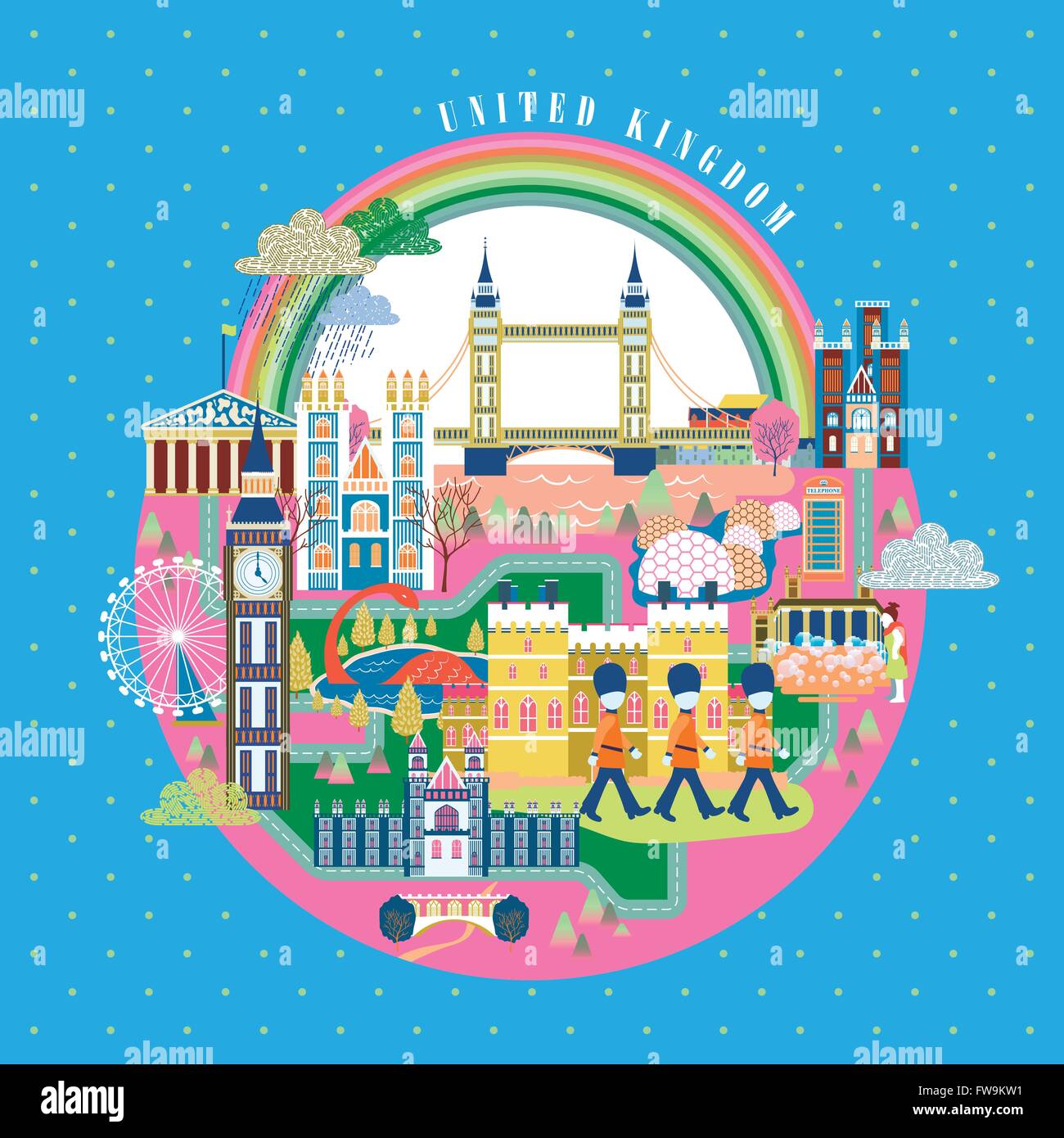 adorable United Kingdom travel poster design with attractions Stock Vector