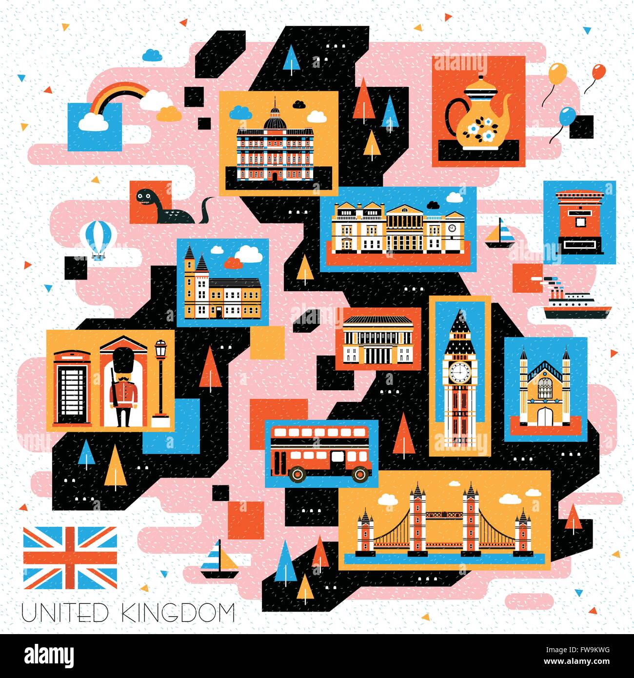 modern United Kingdom travel map design with attractions in multicolor Stock Vector