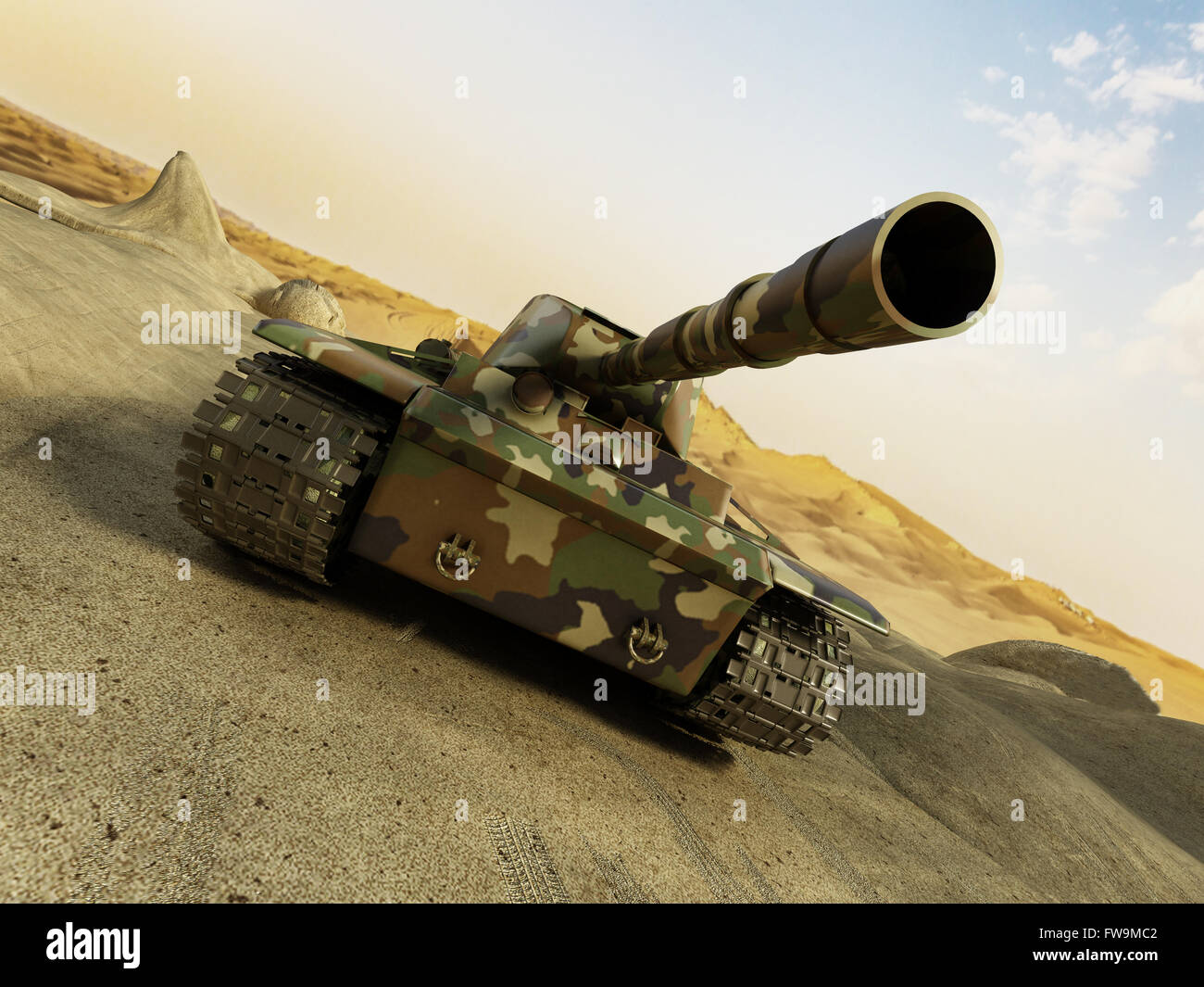 Tank in camouflage moving at the desert among the sands Stock Photo